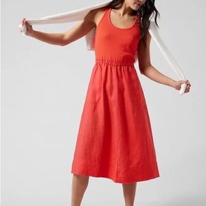 Athleta Baja Linen Bright Orange Coralish Midi Dress Sz S